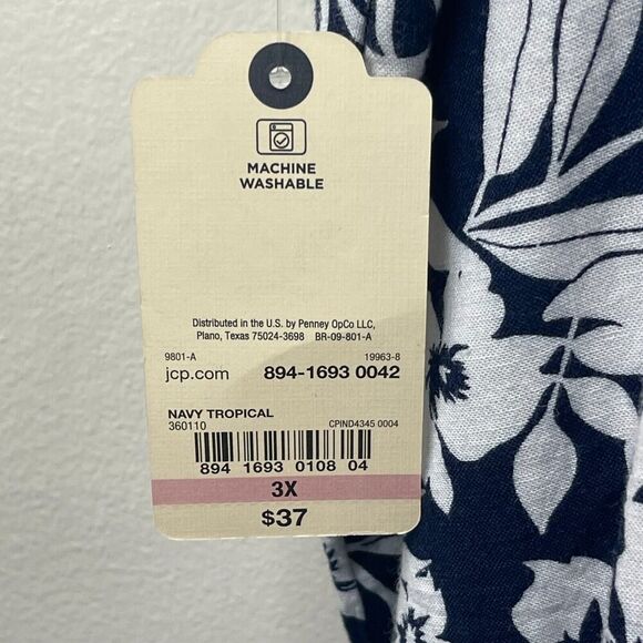 St. John's Bay Linen Ruffled Sleeveless Blouse 3X Blue White Tropical Hawaiian - Picture 10 of 10